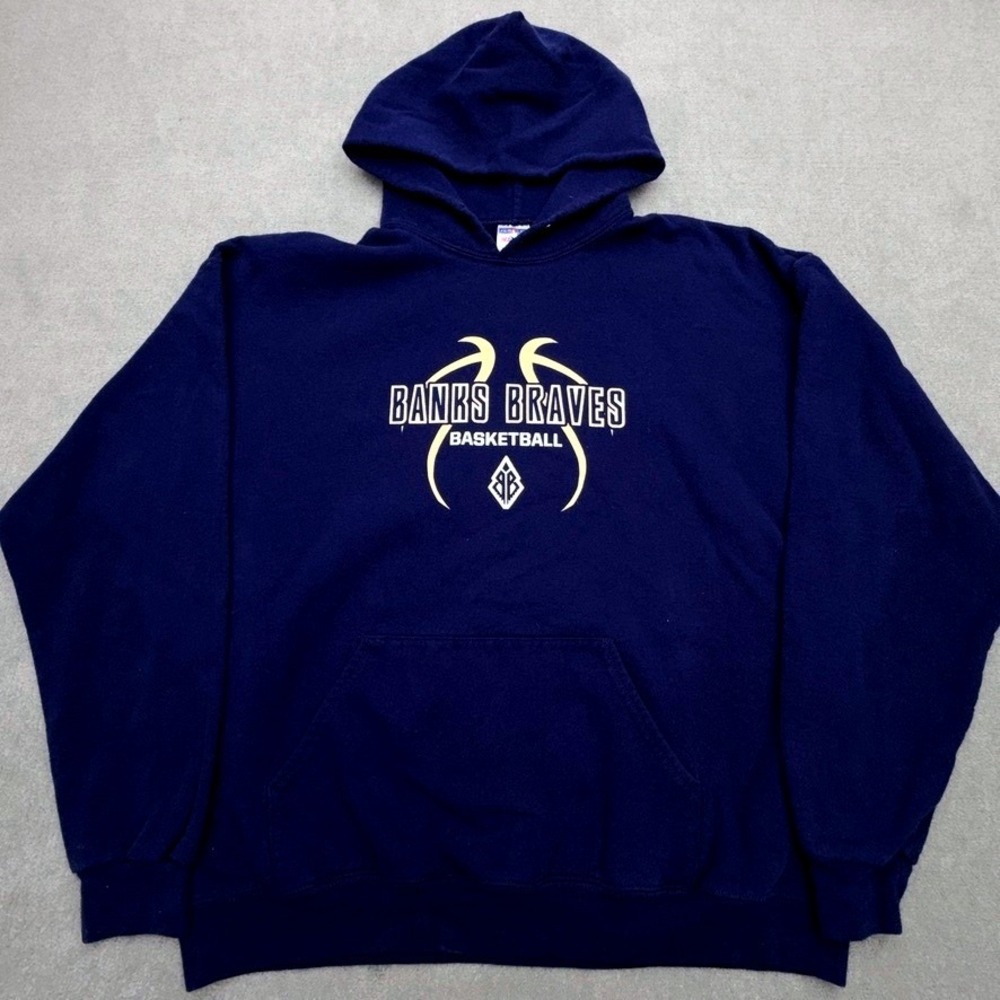 Vintage Jerzees Banks Braves Basketball Hoodie Mens XL Navy Blue Pullover 50/50